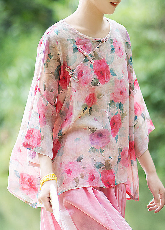 Natural Black Butterfly O Neck Print Chinese Button Linen Shirt Summer