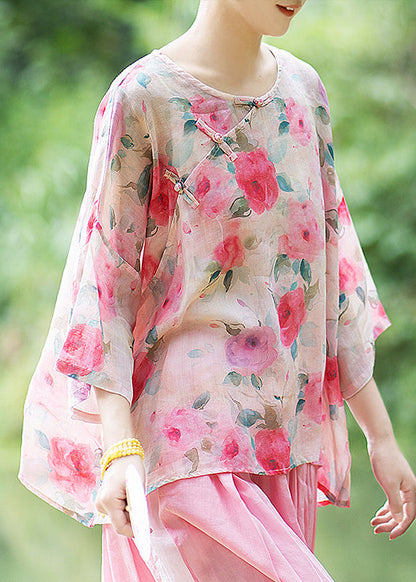 Natural Black Butterfly O Neck Print Chinese Button Linen Shirt Summer