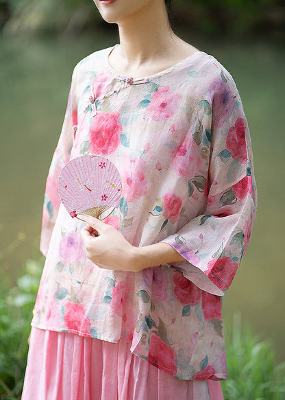 Natural Black Butterfly O Neck Print Chinese Button Linen Shirt Summer