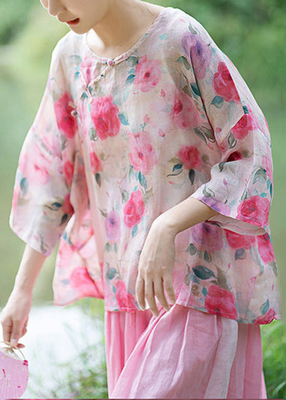Natural Red Texture O Neck Print Chinese Button Linen Shirt Summer