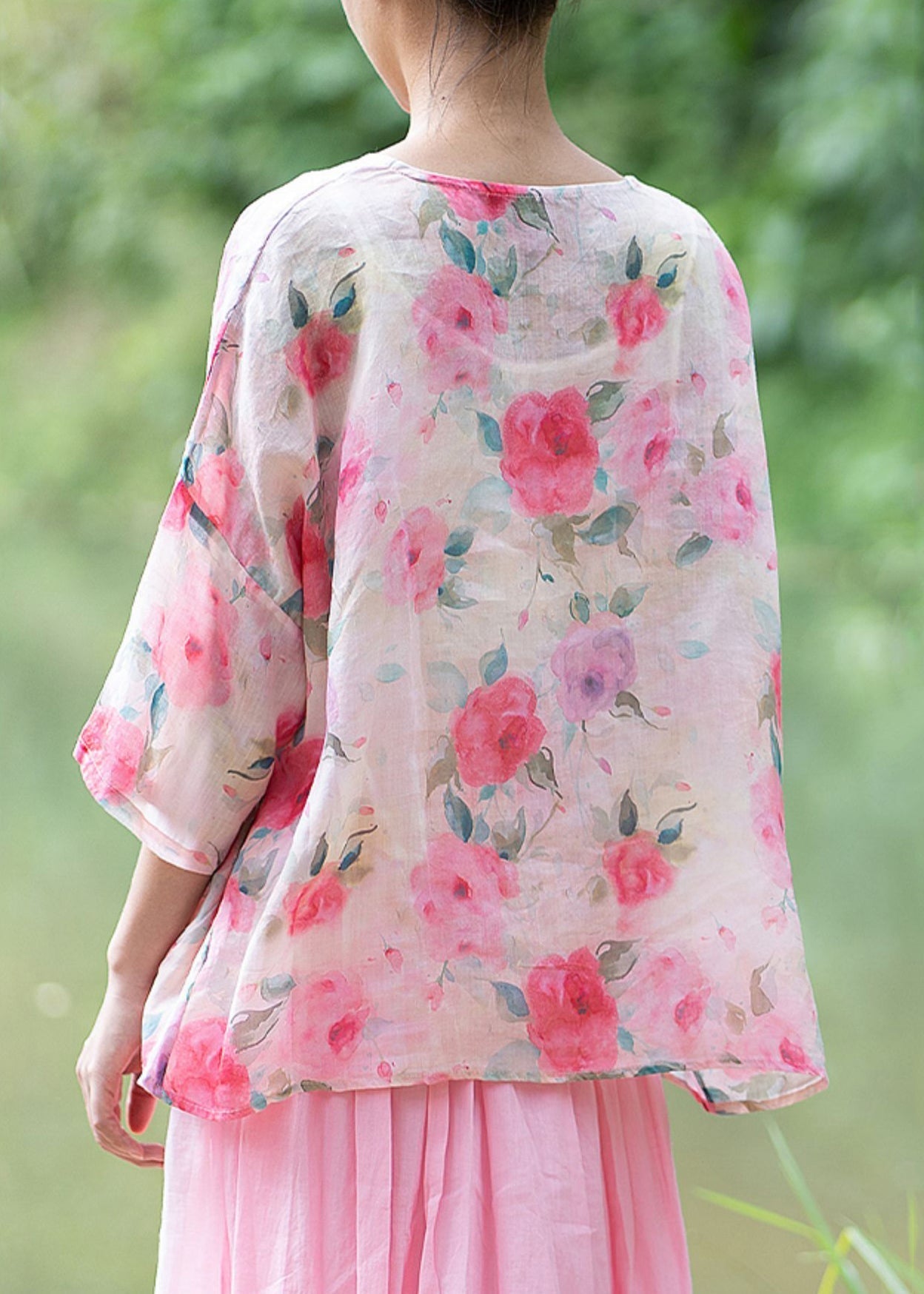 Natural Black Butterfly O Neck Print Chinese Button Linen Shirt Summer