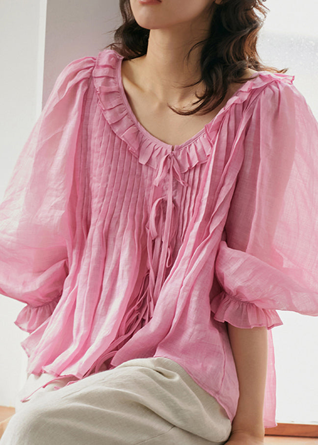 2025 Fall Cute Pink Chiffon Blouse Plus Size Shirt