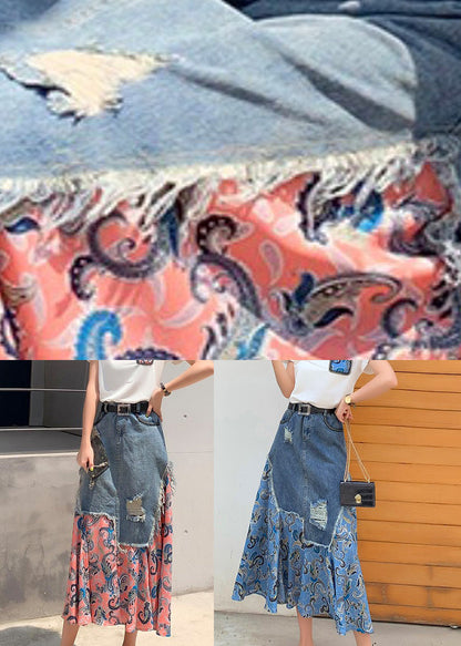 Natural Pink Print Chiffon Patchwork a Line Skirt Summer
