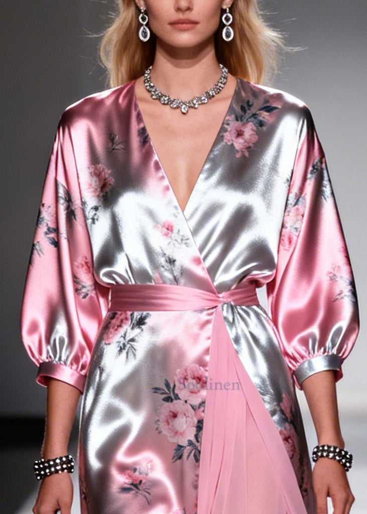 Natural Pink Print Tulle Patchwork Silk Long Dresses Summer