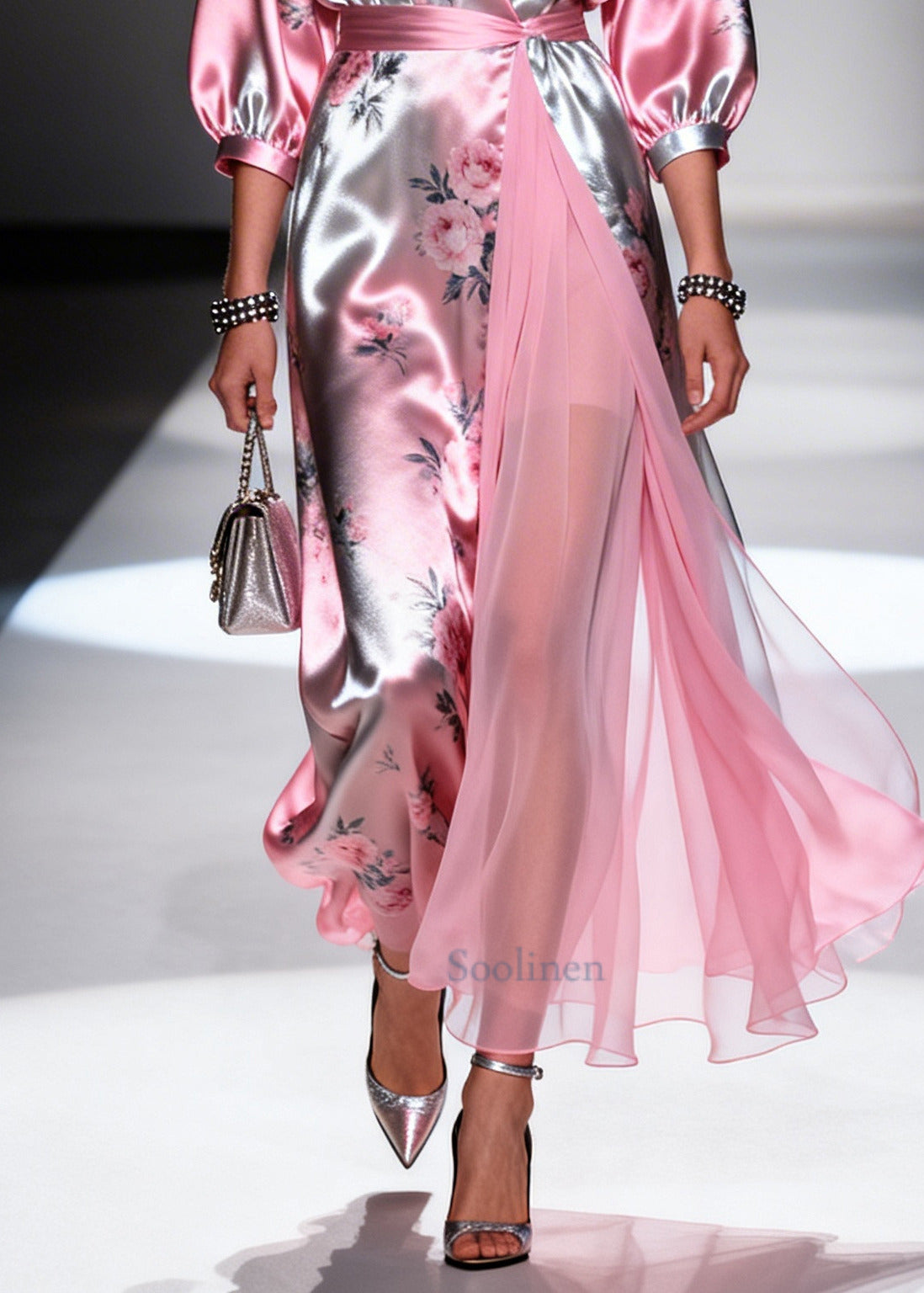 Natural Pink Print Tulle Patchwork Silk Long Dresses Summer