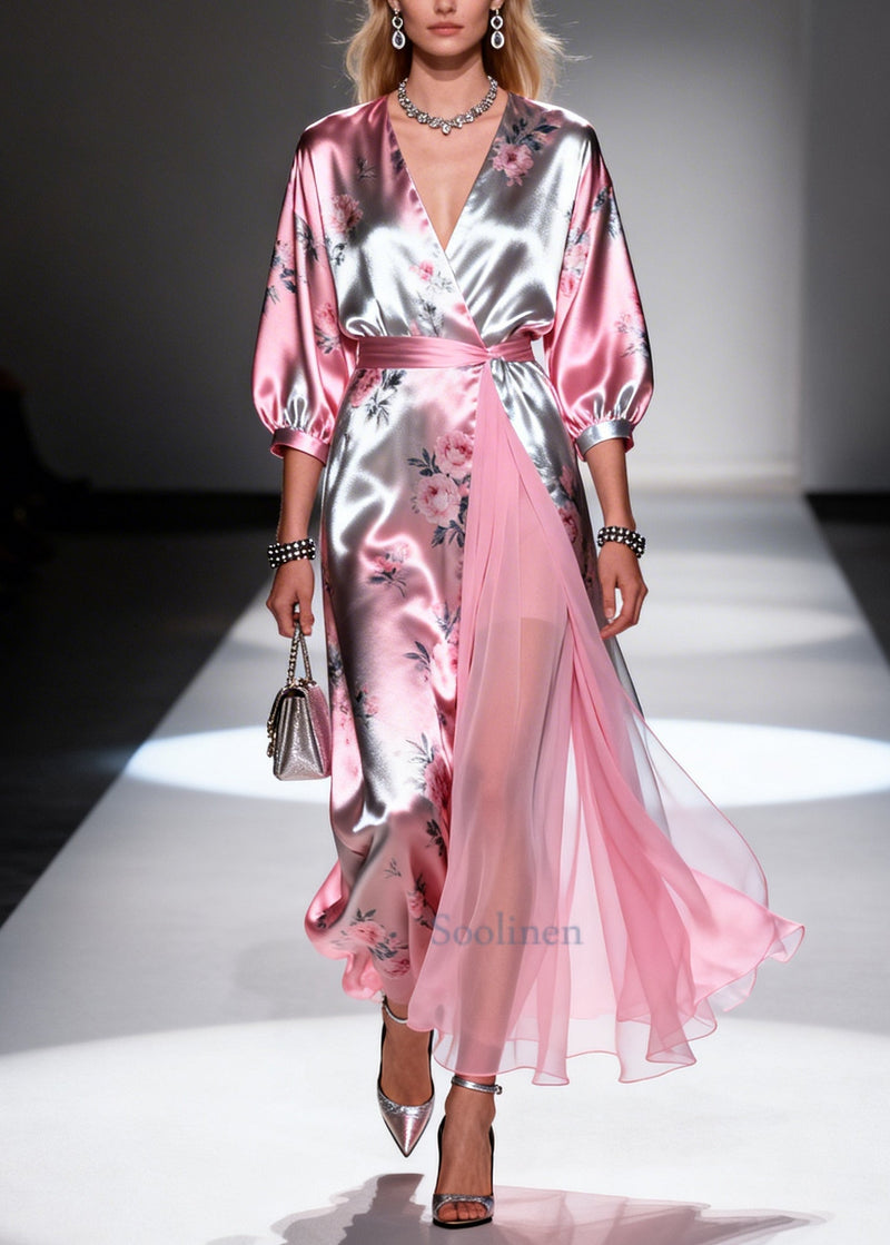 Natural Pink Print Tulle Patchwork Silk Long Dresses Summer
