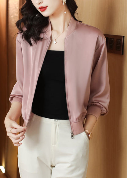 Natural Pink Stand Collar Zippered Coats Long Sleeve