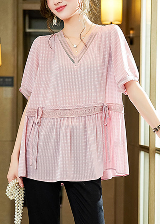 Natural Pink V Neck Plaid Shirt Short Sleeve