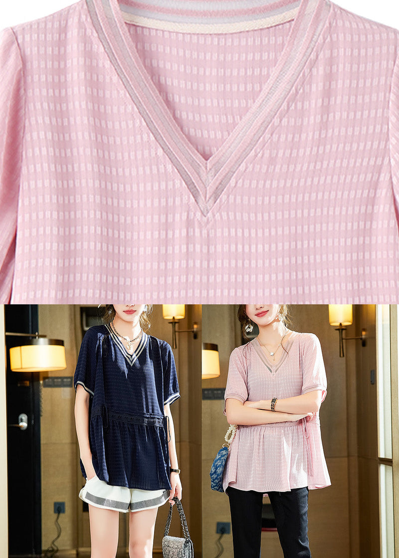Natural Pink V Neck Plaid Shirt Short Sleeve