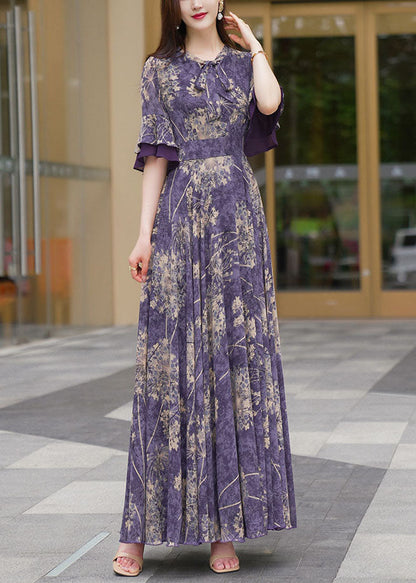 Natural Purple O-neck Print Patchwork High Waist Chiffon Maxi Beach Dresses Half Sleeve