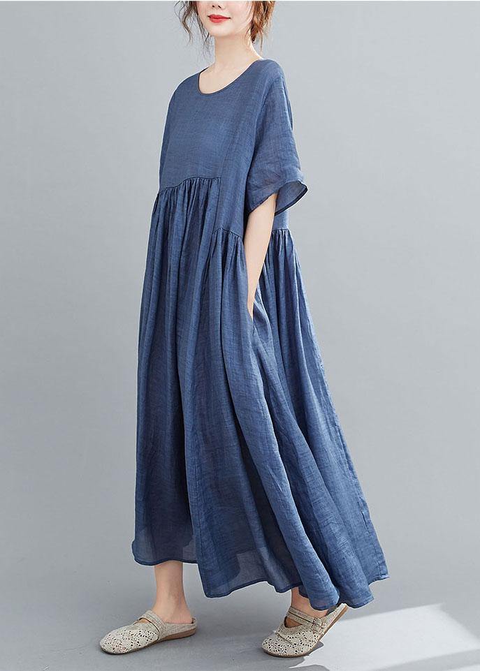 Natural Purple Pockets Short Sleeve Robe Cotton Linen Dresses