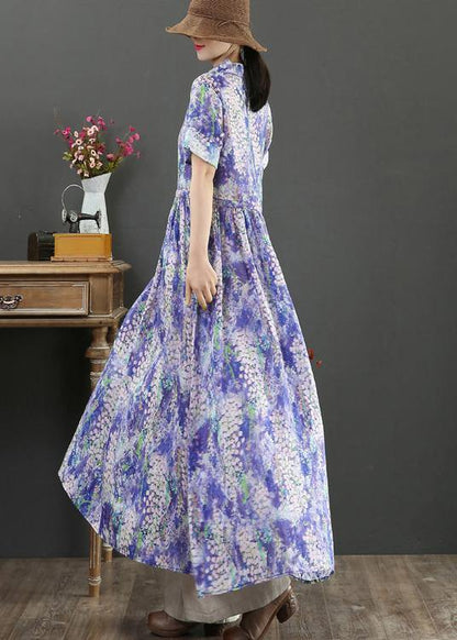 Natural Purple Print Dresses V Neck Drawstring Summer Dresses