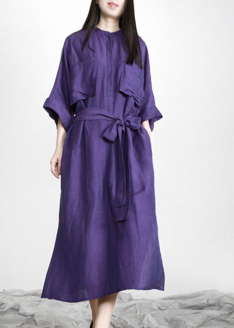 Natural Purple Tunic V Neck Pockets Holiday Linen Dress