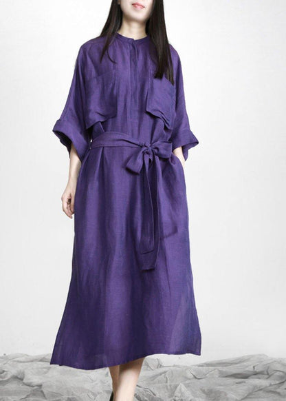 Natural Purple Tunic V Neck Pockets Holiday Linen Dress