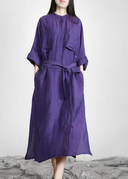 Natural Purple Tunic V Neck Pockets Holiday Linen Dress