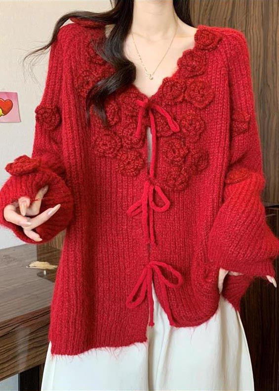 Natural Red Decorated Warm Knit Cardigans Fall