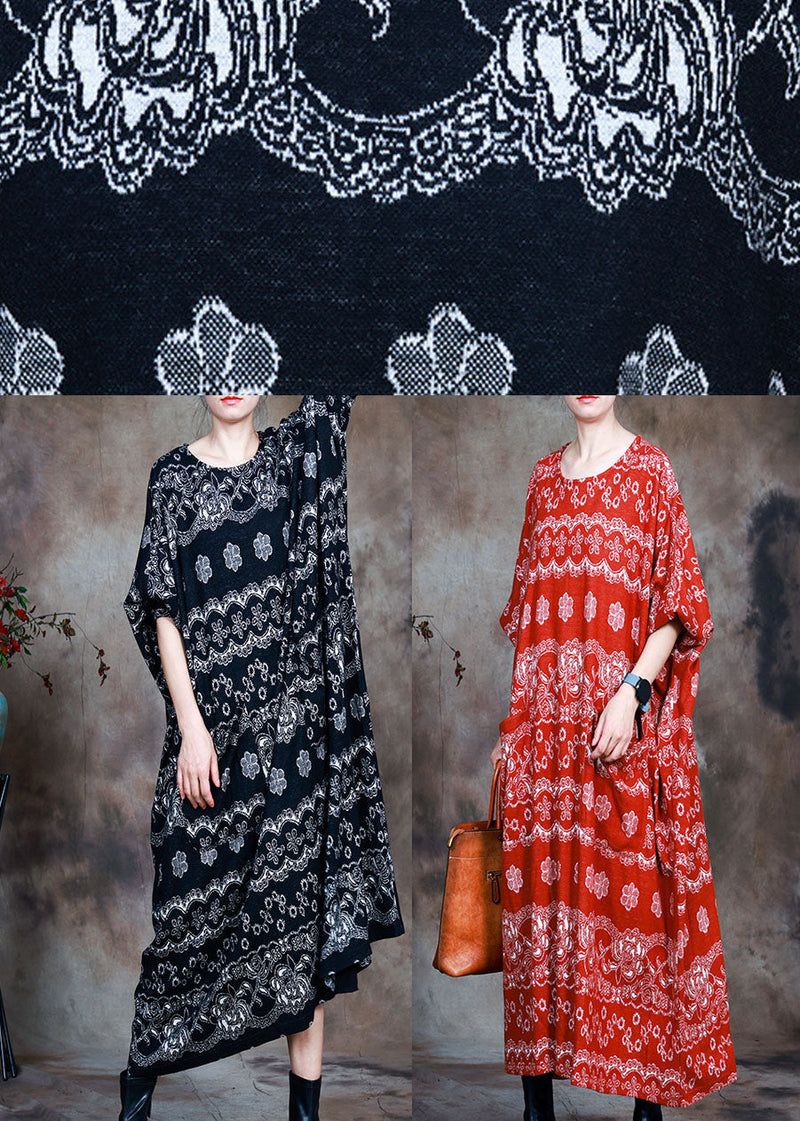 Natural Red Knit O-neck Pockets Fall Dress