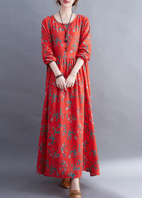 Natural Red O-neck Print Maxi Dress Long Sleeve