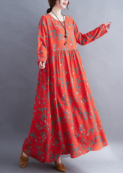 Natural Red O-neck Print Maxi Dress Long Sleeve