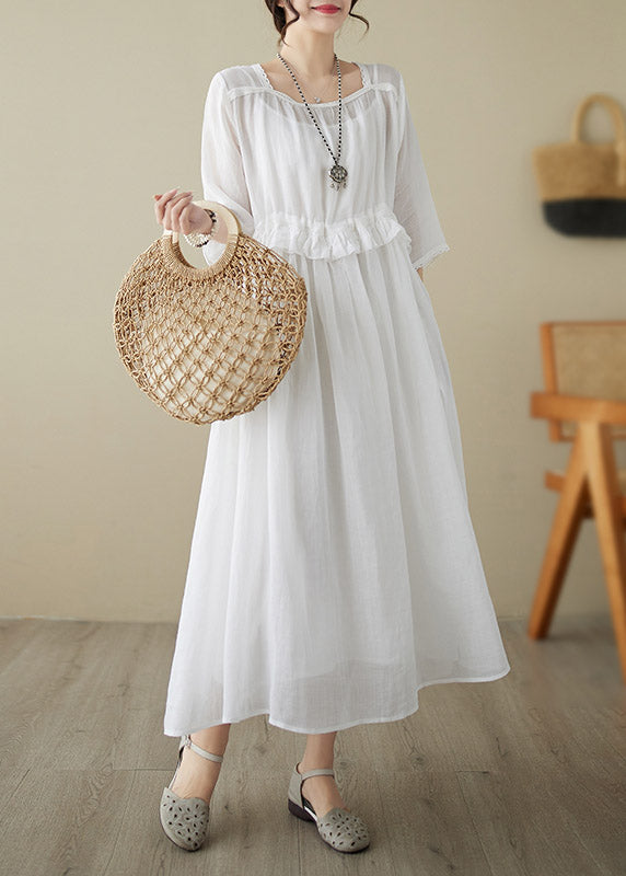 Natural Red O-neck Ruffled Patchwork Tunic Chiffon Long Dress Short Sleeve