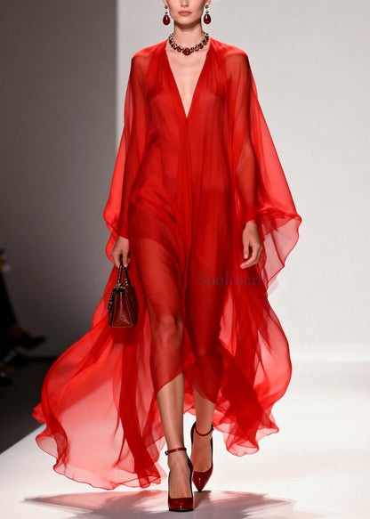Natural Red Oversized Draping Chiffon Robe Dresses Summer
