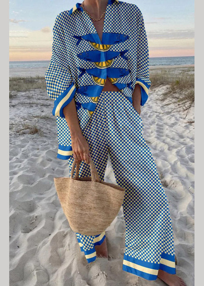 Natural Red Peter Pan Collar Striped Shirts and Wide Leg Pants Two Piece Set Fall