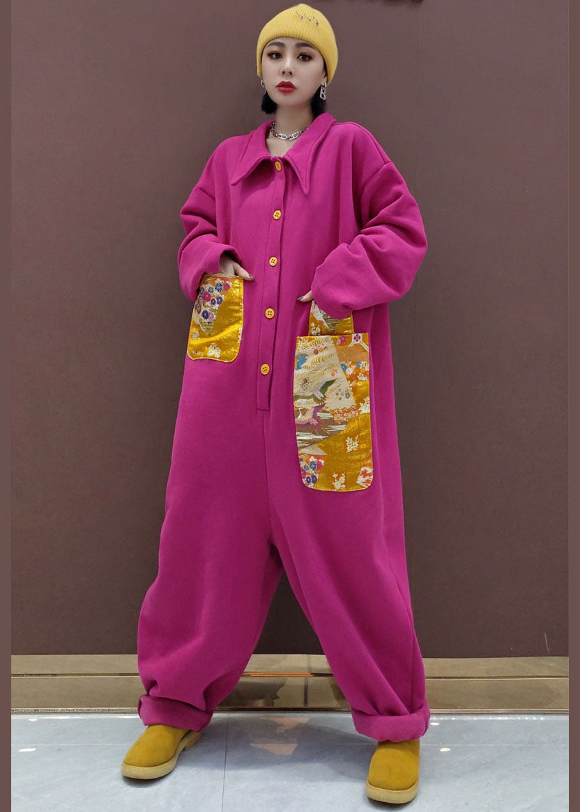 Natural Red Peter Pan Collar pockets Patchwork Warm Fleece Jumpsuit Spring