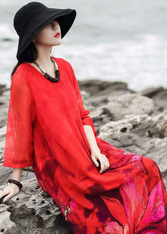 Natural Red Print Chiffon Maxi Dress Three Quarter Sleeve