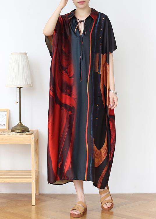 Natural Red Print Peter Pan Collar Summer Chiffon Dress