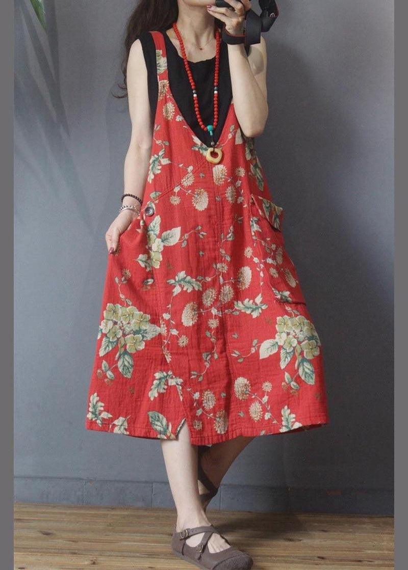 Natural Red Print Pockets Carpenter Maxi Dress Summer Cotton Linen