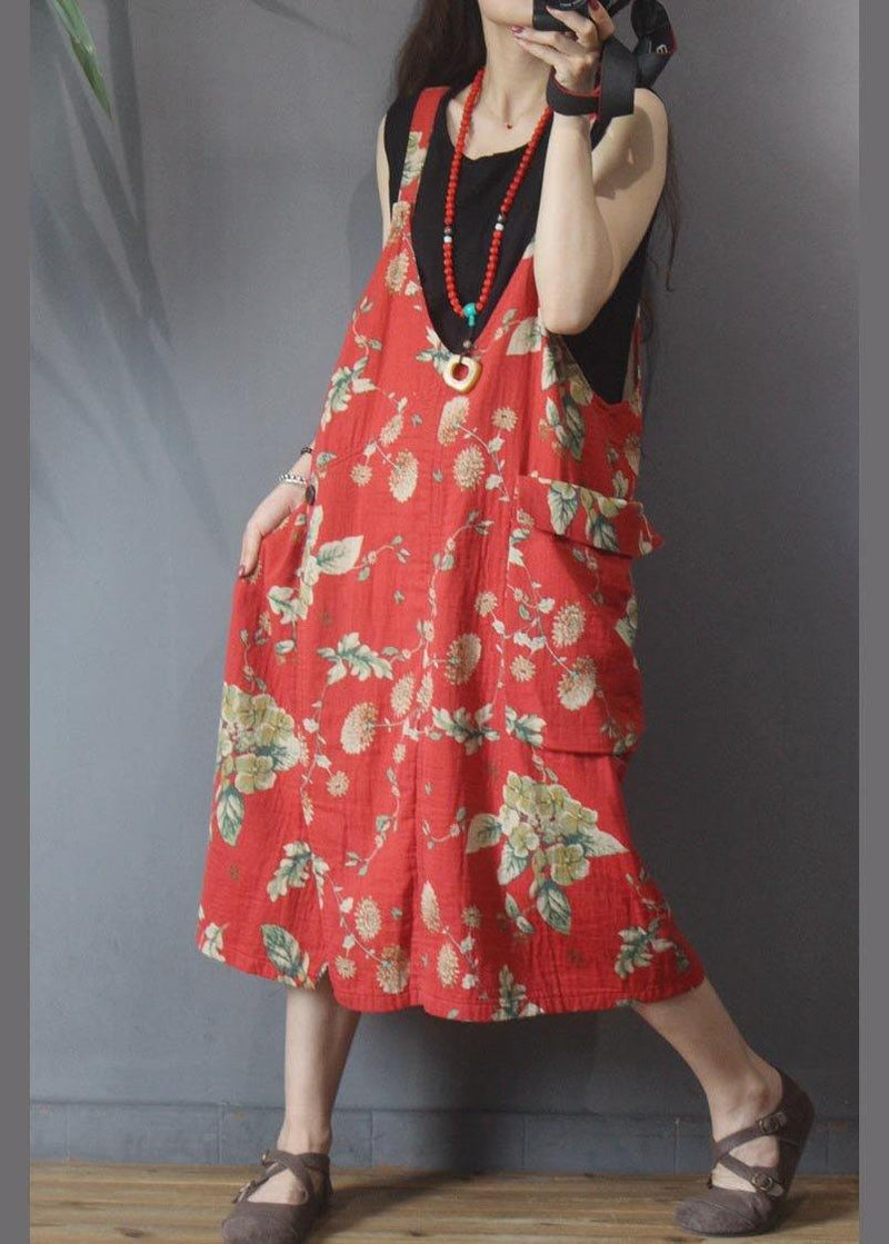 Natural Red Print Pockets Carpenter Maxi Dress Summer Cotton Linen