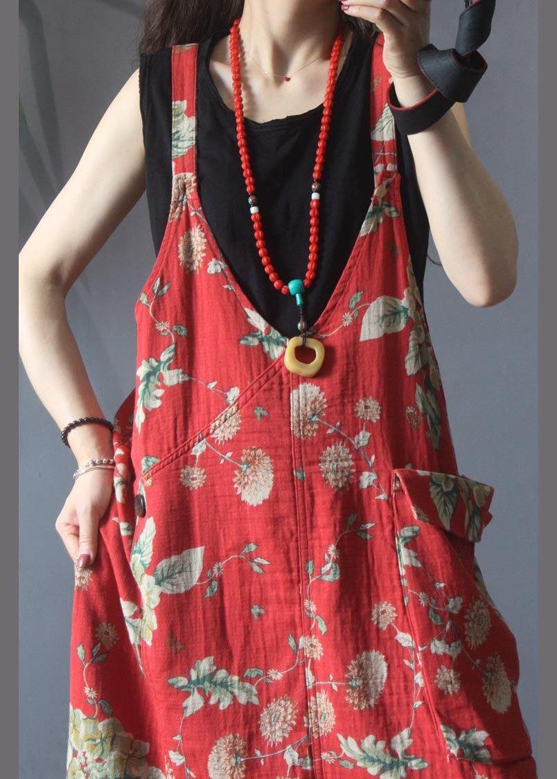 Natural Red Print Pockets Carpenter Maxi Dress Summer Cotton Linen
