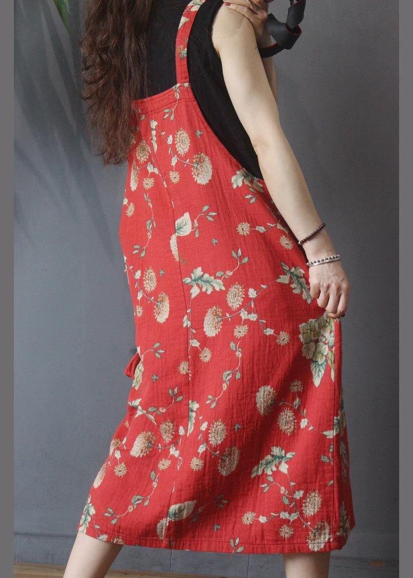 Natural Red Print Pockets Carpenter Maxi Dress Summer Cotton Linen