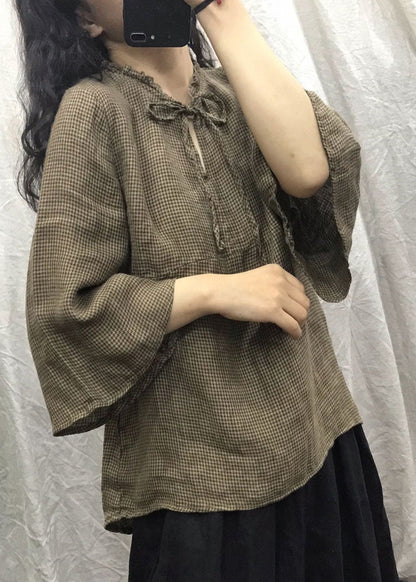 Natural Red Ruffled Plaid Flare Sleeve Blouse Tops