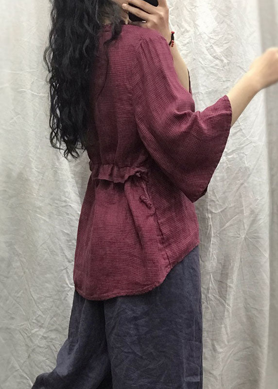 Natural Red Ruffled Plaid Flare Sleeve Blouse Tops