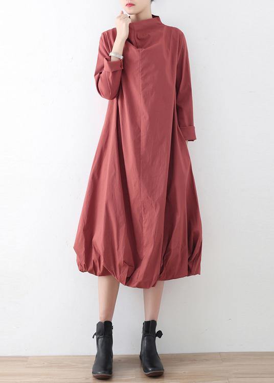 Natural Red Stand Asymmetrical Design Fall Cotton Long Dress