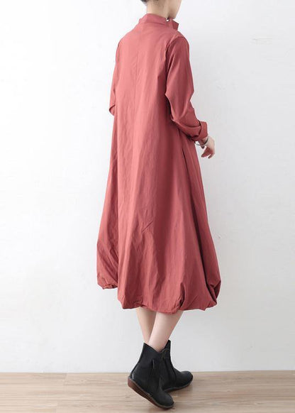 Natural Red Stand Asymmetrical Design Fall Cotton Long Dress