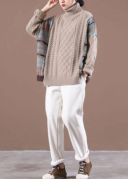 Natural Rose Patchwork High Neck Fall Knit Sweater