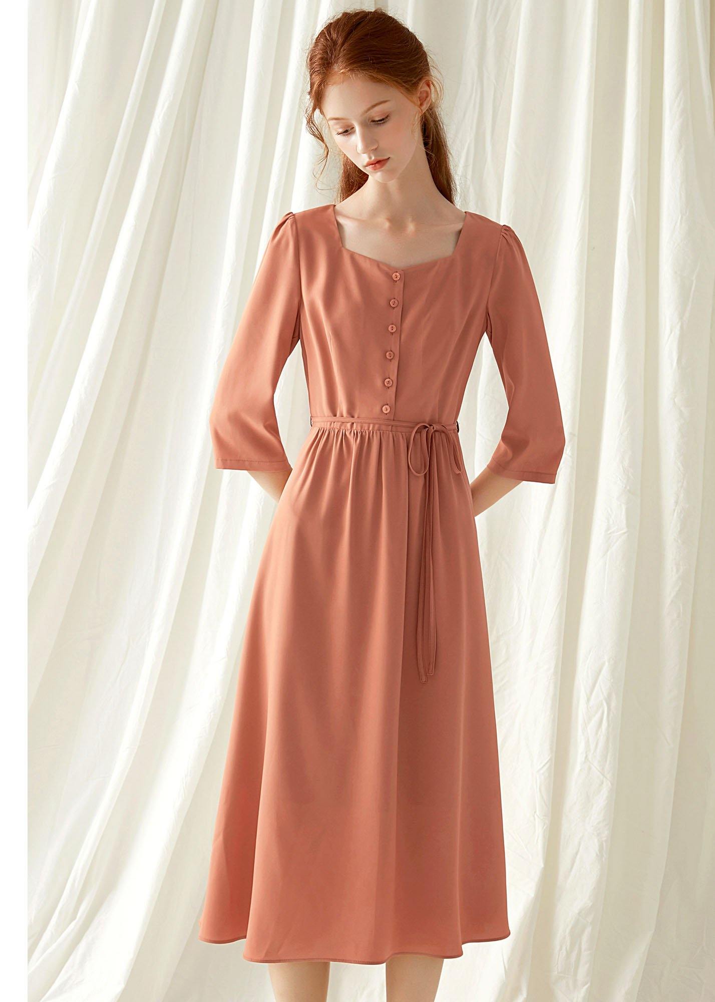 Natural Square Collar Blended Dress Tutorials Red High Waist Maxi Dresses Fall