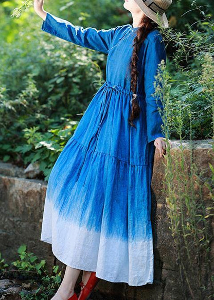 Natural Stand Collar Patchwork Tunics for Shirts Blue Dresses