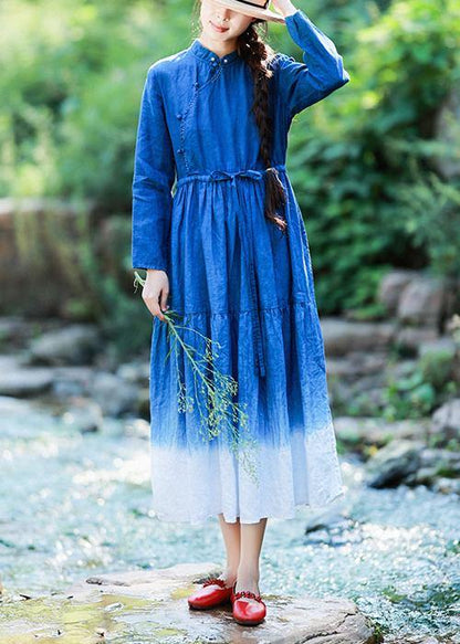 Natural Stand Collar Patchwork Tunics for Shirts Blue Dresses