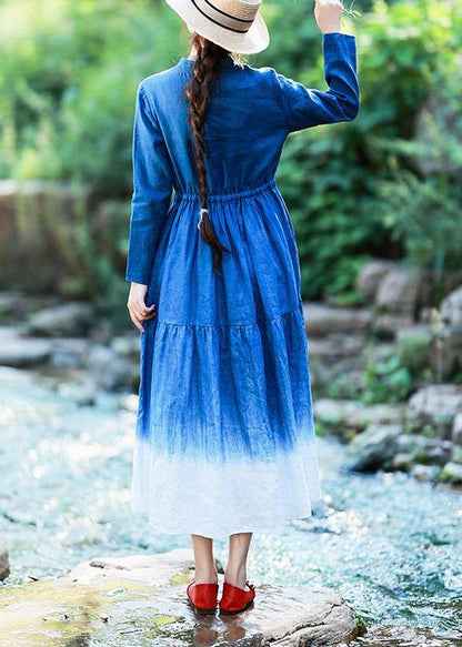 Natural Stand Collar Patchwork Tunics for Shirts Blue Dresses