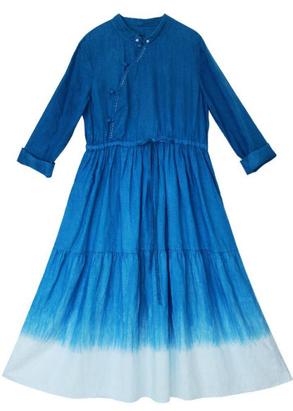 Natural Stand Collar Patchwork Tunics for Shirts Blue Dresses