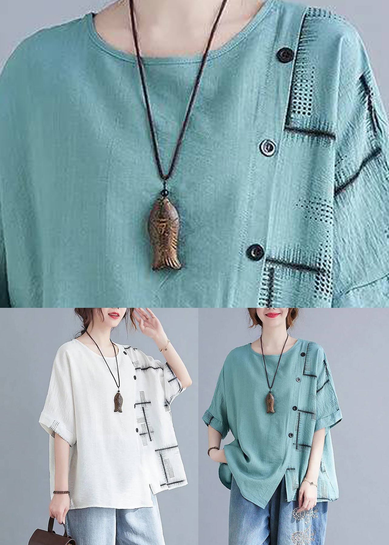 Natural Turquoise Asymmetrical Plaid Tops Summer