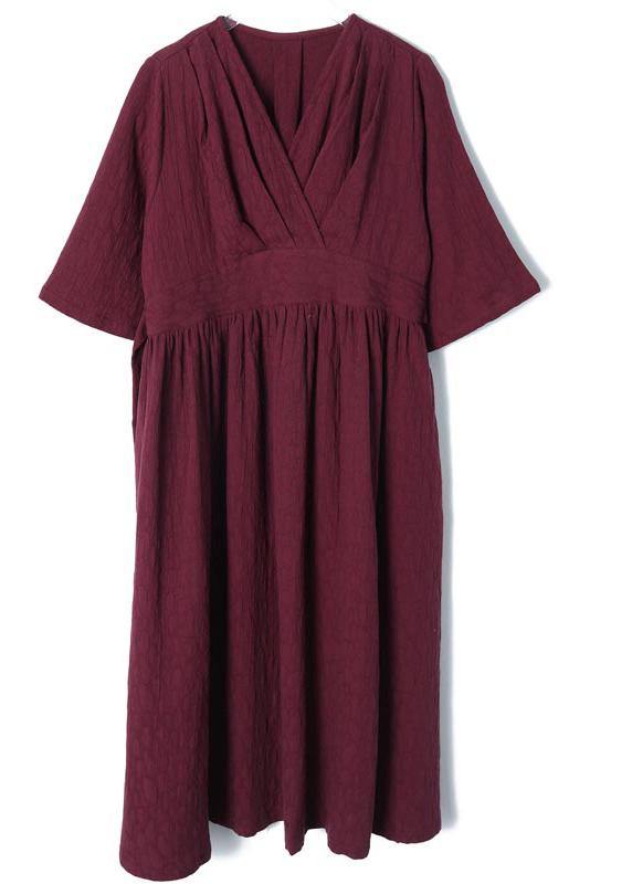 Natural V Neck Cinched Spring Quilting Clothes Pattern Burgundy Maxi Dress