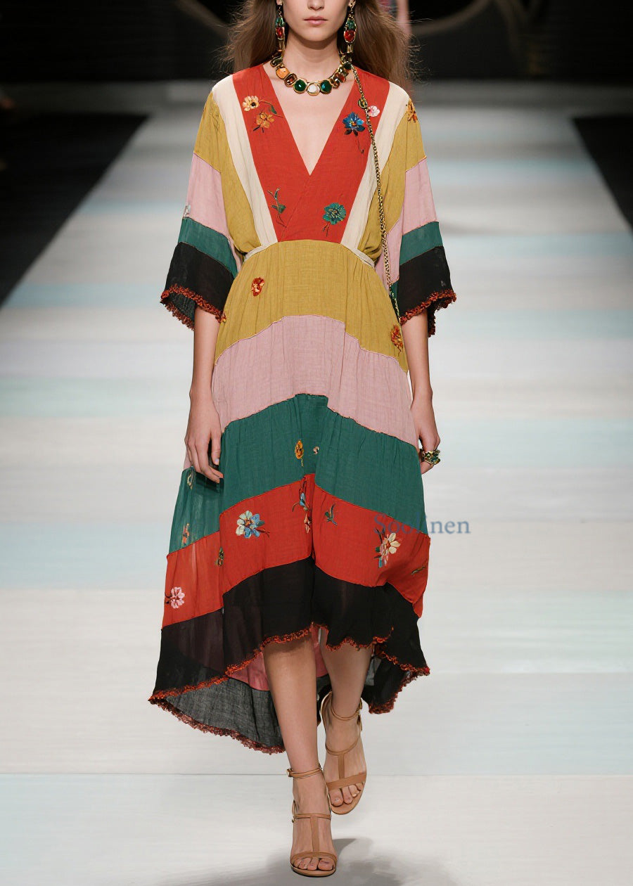 Natural V Neck Patchwork Cotton Long Dress Summer