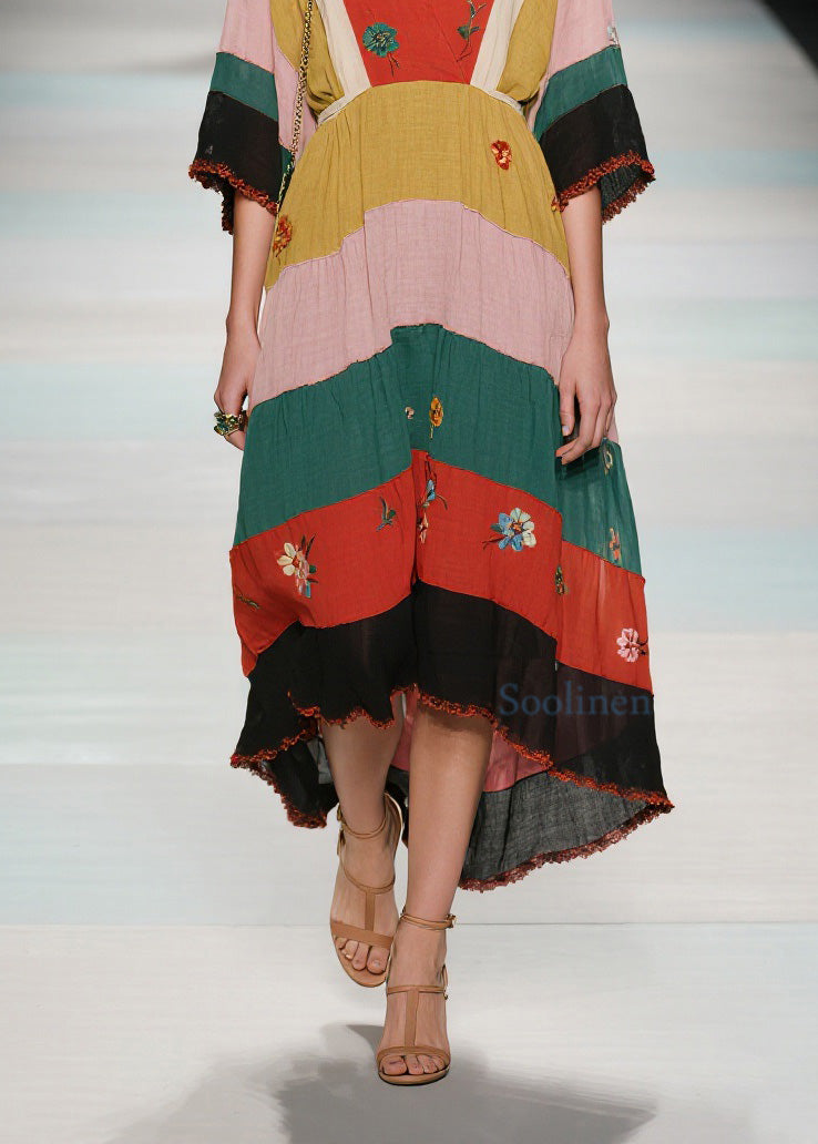 Natural V Neck Patchwork Cotton Long Dress Summer