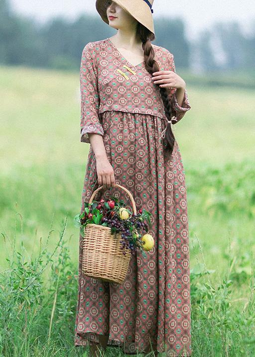 Natural V Neck Pockets Summer for Shirts Chocolate Print Robe Dress