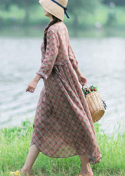 Natural V Neck Pockets Summer for Shirts Chocolate Print Robe Dress