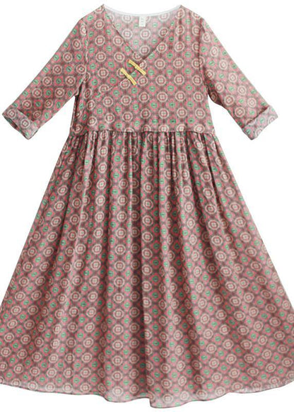 Natural V Neck Pockets Summer for Shirts Chocolate Print Robe Dress